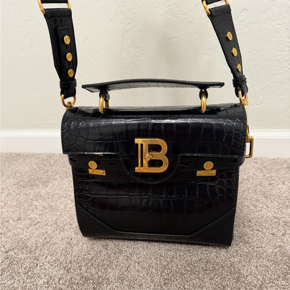 Balmain Black Croc-Embossed Top Handle Bag with Gold 'B' Accent